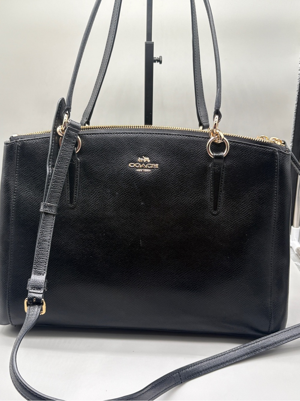 Coach Black Crossgrain Leather Zip Top Tote Crossbody Shoulder Bag